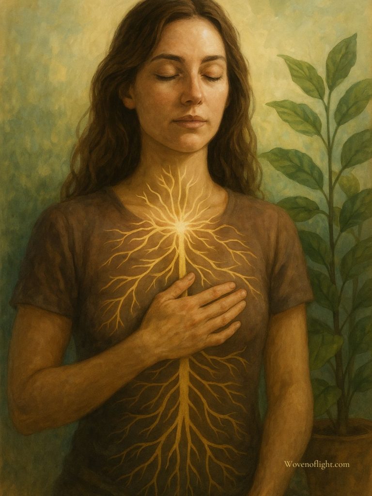 Returning to Alignment A serene woman with closed eyes and a hand on her chest, overlaid with a glowing, tree-like pattern of the nervous system, surrounded by gentle green light and a living plant.