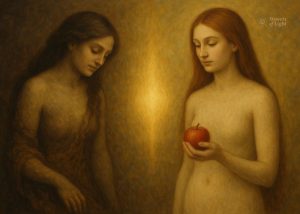 “Lilith rising from clay beside Eve holding an apple, with golden light between them symbolizing divine feminine unity.”