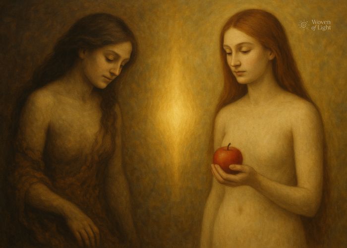 “Lilith rising from clay beside Eve holding an apple, with golden light between them symbolizing divine feminine unity.”