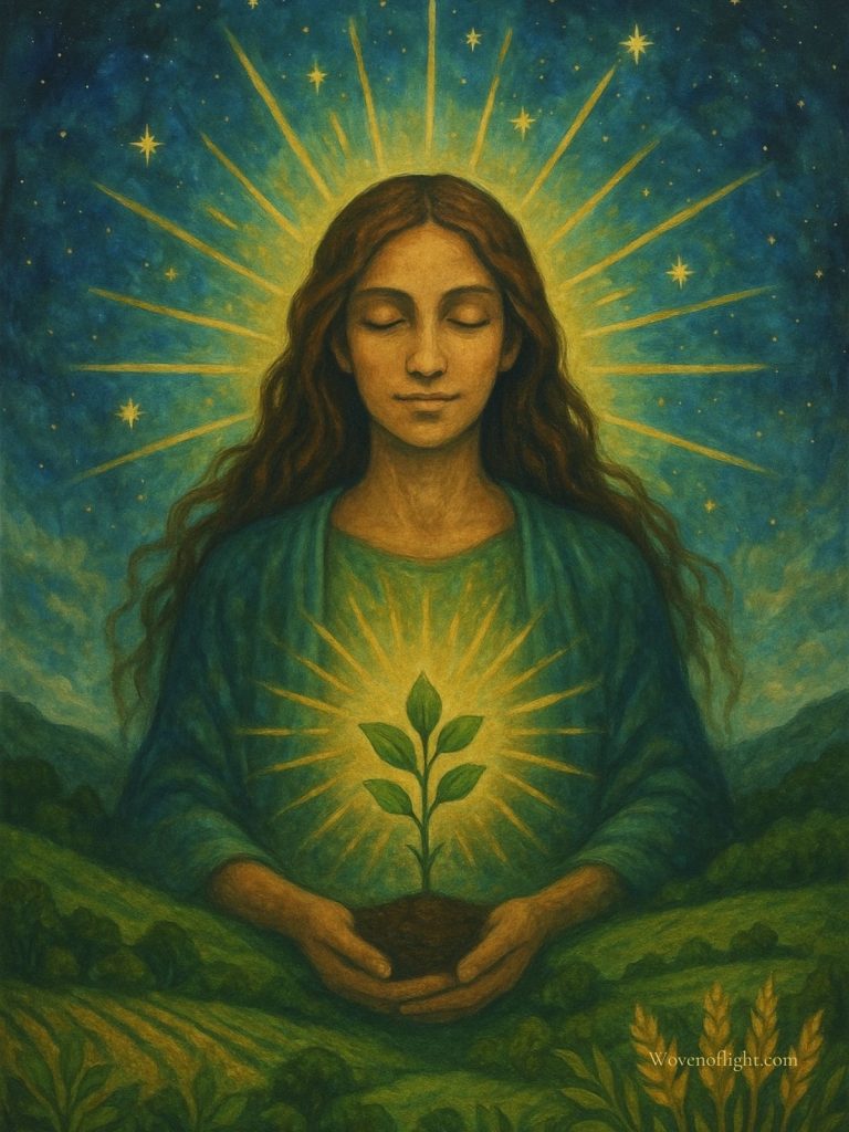 The Harvest Within — Embracing Earth’s Prosperity Painting of a serene woman holding a glowing sprout in her hands, surrounded by golden rays and lush green hills — representing spiritual growth, abundance, and alignment with the Earth’s natural prosperity.