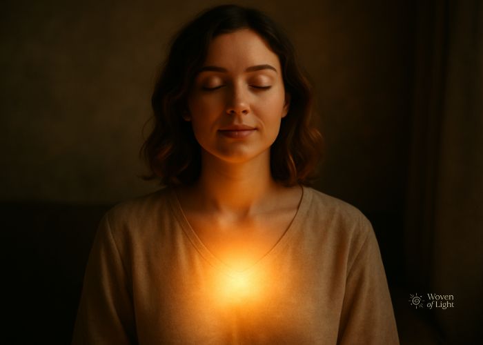 A serene woman with closed eyes and a gentle smile, a warm golden light glowing from her heart, symbolizing inner peace and self-illumination.