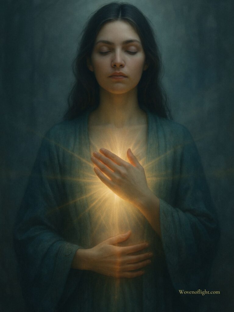 The Radiance Within A mystical woman with closed eyes stands in a forest, her hands over heart and belly as golden light beams outward from her chest, symbolizing spiritual awakening and affirmation.