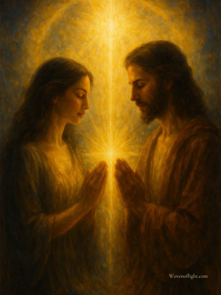 A man and woman facing each other in golden light, symbolizing the divine union of feminine and masculine energy.