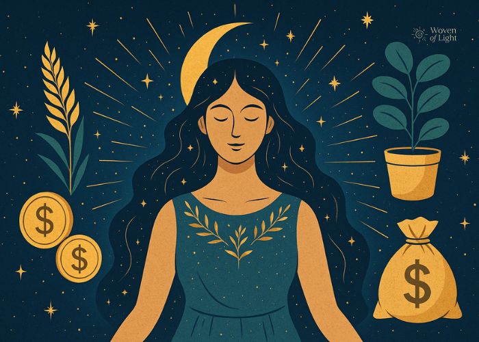 Illustration of a serene celestial woman meditating beneath a crescent moon, surrounded by symbols of abundance — golden coins, wheat, and a growing plant — representing the spiritual journey of empaths and healers toward prosperity.