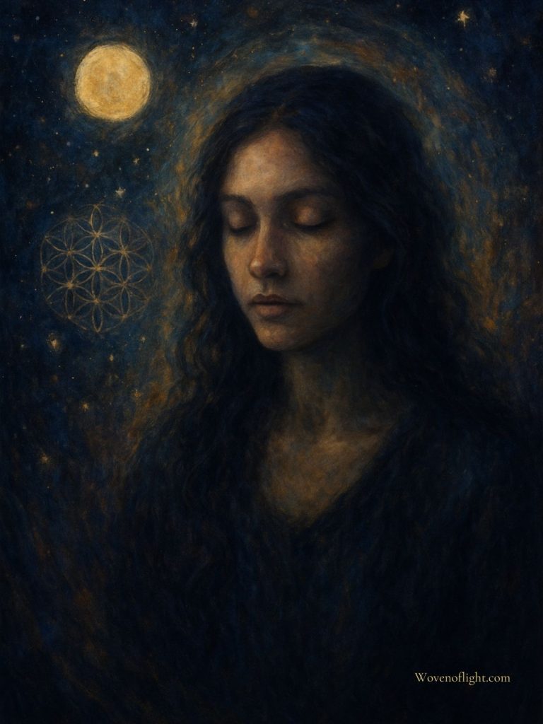 The Inner Reflection — Healing Worthiness and Hidden Agreements Portrait of a meditative woman with closed eyes, surrounded by soft cosmic light, golden moon, and a faint Flower of Life pattern — representing spiritual reflection, healing hidden worthiness wounds, and releasing inherited beliefs.