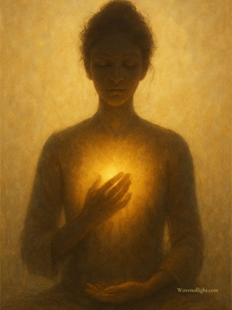A serene figure in soft golden light holding a hand over their heart, symbolizing inner awareness, embodiment, and sensation-led affirmation practice.