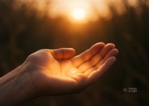 A pair of open hands gently cupping warm sunlight, symbolizing body-led affirmations and nervous system-friendly healing.
