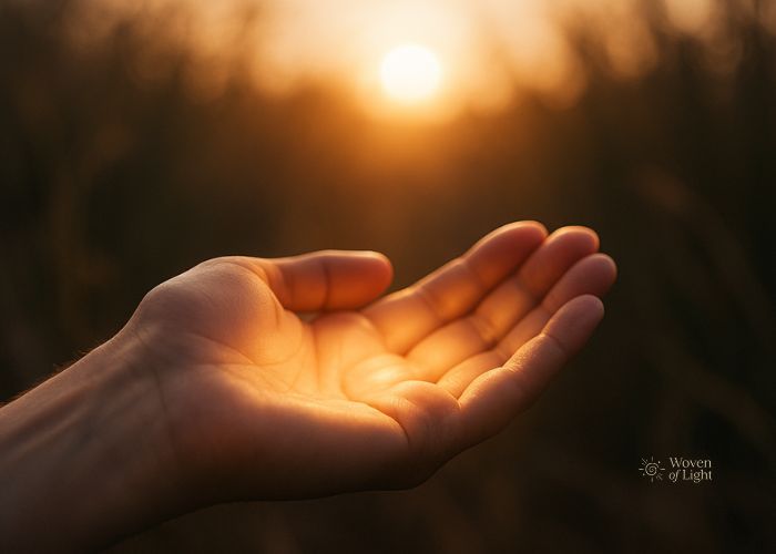 A pair of open hands gently cupping warm sunlight, symbolizing body-led affirmations and nervous system-friendly healing.