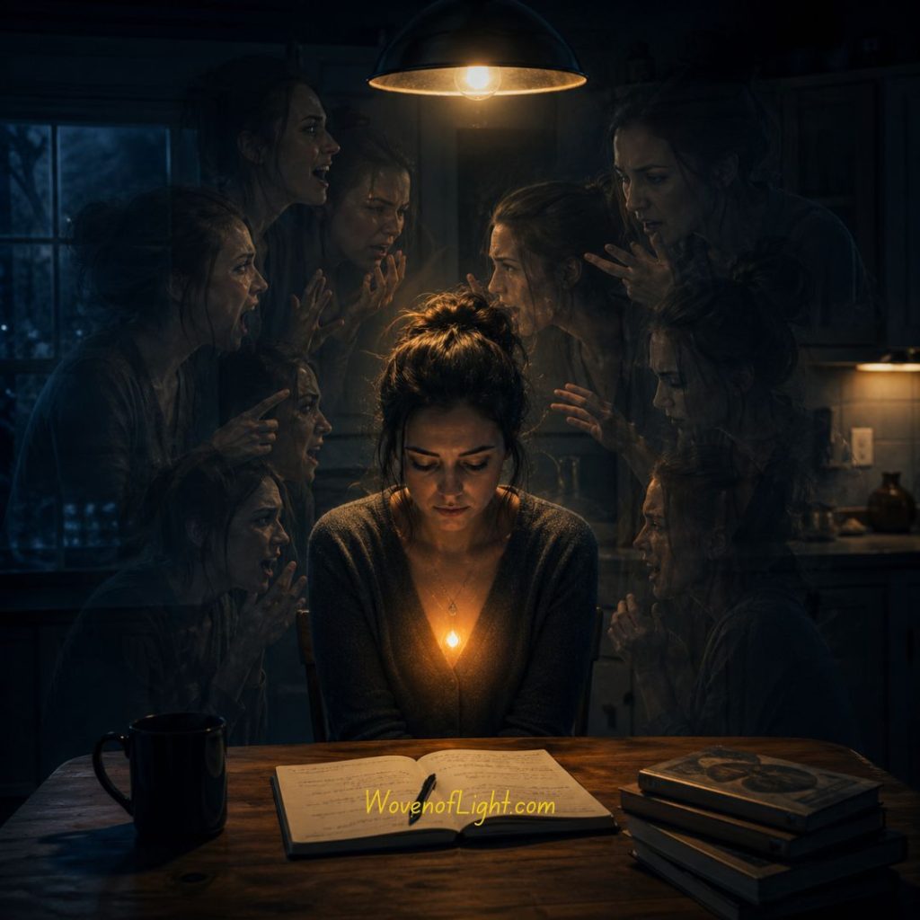 How to Tell Intuition From Fear When You're Tired woman sits at a table a soft glow at her chest as around her shadows of herself in varied forms of distress