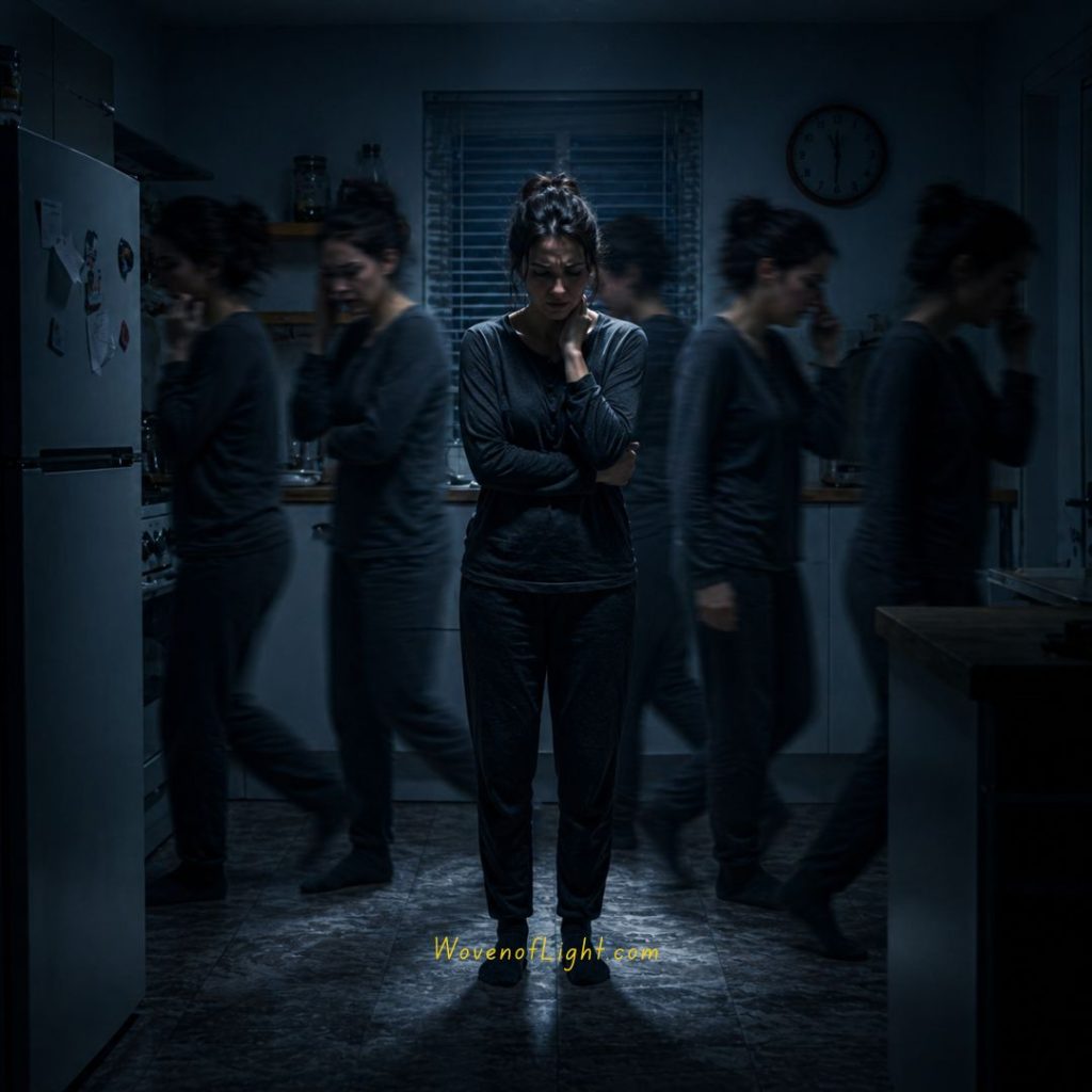 Trauma response feels old. Intuition feels current. woman stands in like funhouse mirrors with varied versions of herself
