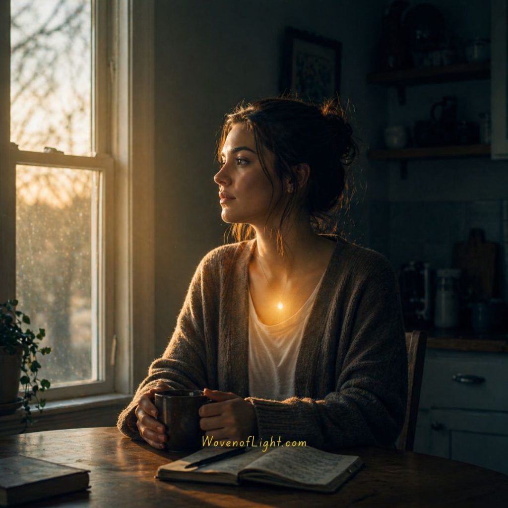What changes when you stop trying to tell A woman looks peacefully out a sunny window a golden glow at her chest