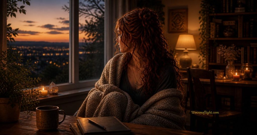 Woman sitting alone by a window at dusk reflecting during a spiritual awakening, representing feelings of loneliness and self-awareness