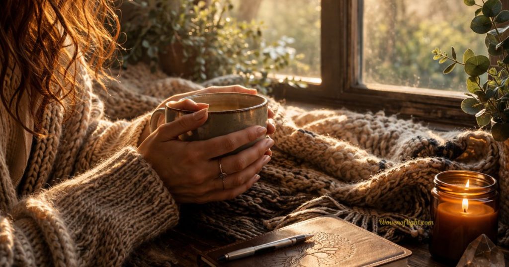 Grounding After Spiritual Awakening – Hands Holding Mug in Morning Light Hands holding a warm mug by a sunlit window, representing grounding and self-presence after feeling alone during a spiritual awakening.
