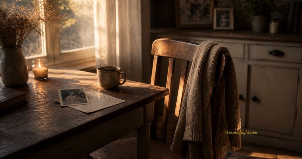 Grief After Spiritual Awakening – Letting Go of Your Old Self Empty chair at a wooden table with a cardigan and old photograph in warm light, symbolizing grief and transition after a spiritual awakening