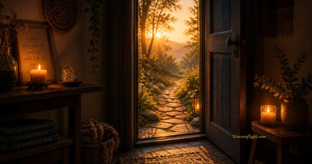 Spiritual Awakening Transition – Stepping Into a New Path Open doorway with warm light leading to a peaceful path, symbolizing transition and new direction after a spiritual awakening
