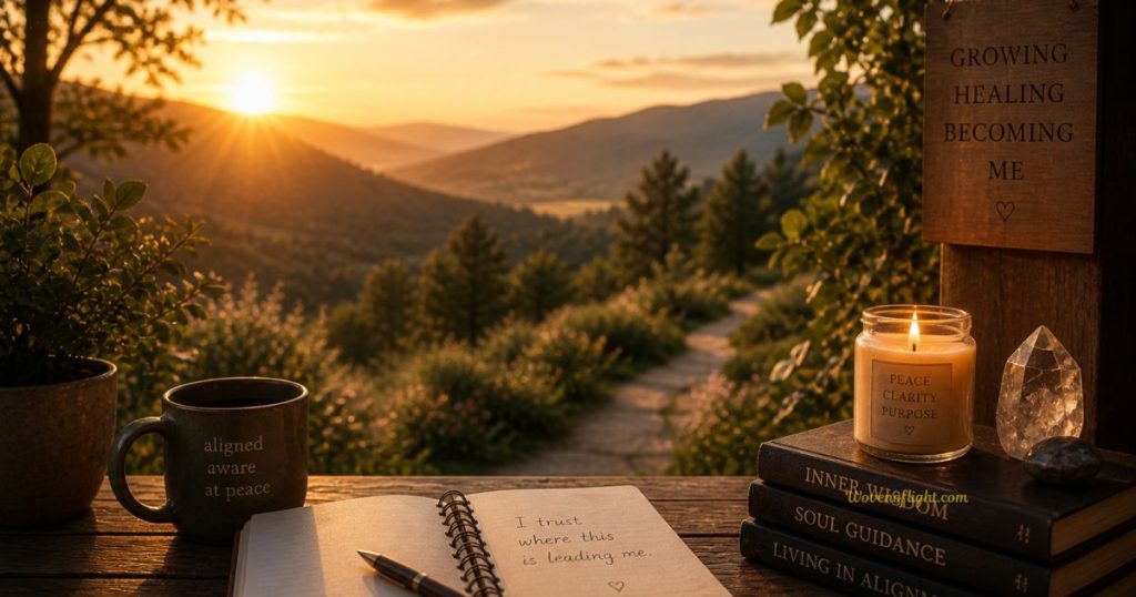 Finding Peace After Spiritual Awakening – Clarity and New Direction Sunlit path through mountains with journal, candle, and mug in foreground symbolizing clarity and peace after a spiritual awakening